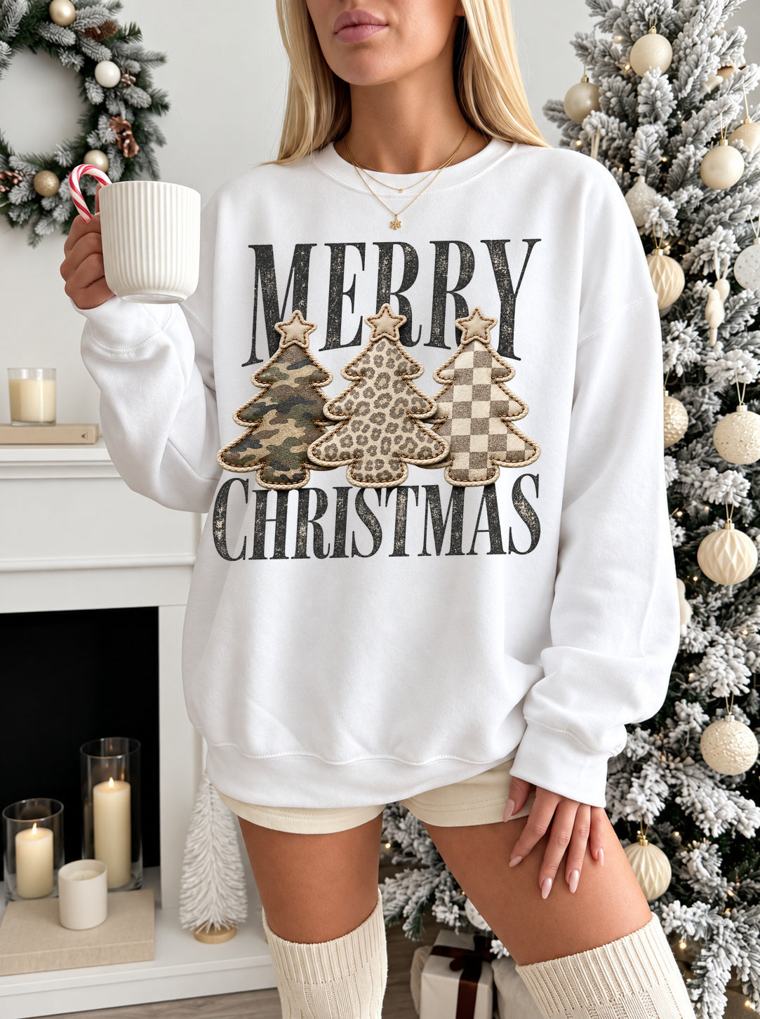 MERRY CHRISTMAS NEUTRAL PATCHWORK TREES