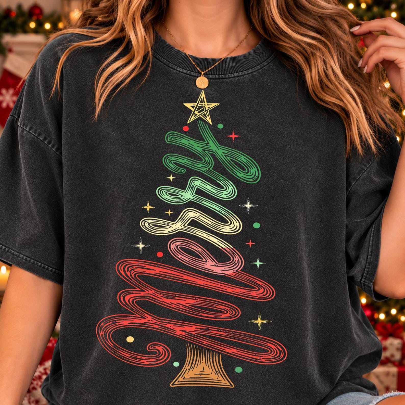 MERRY SCRIPT TREE screenprint transfer mockup