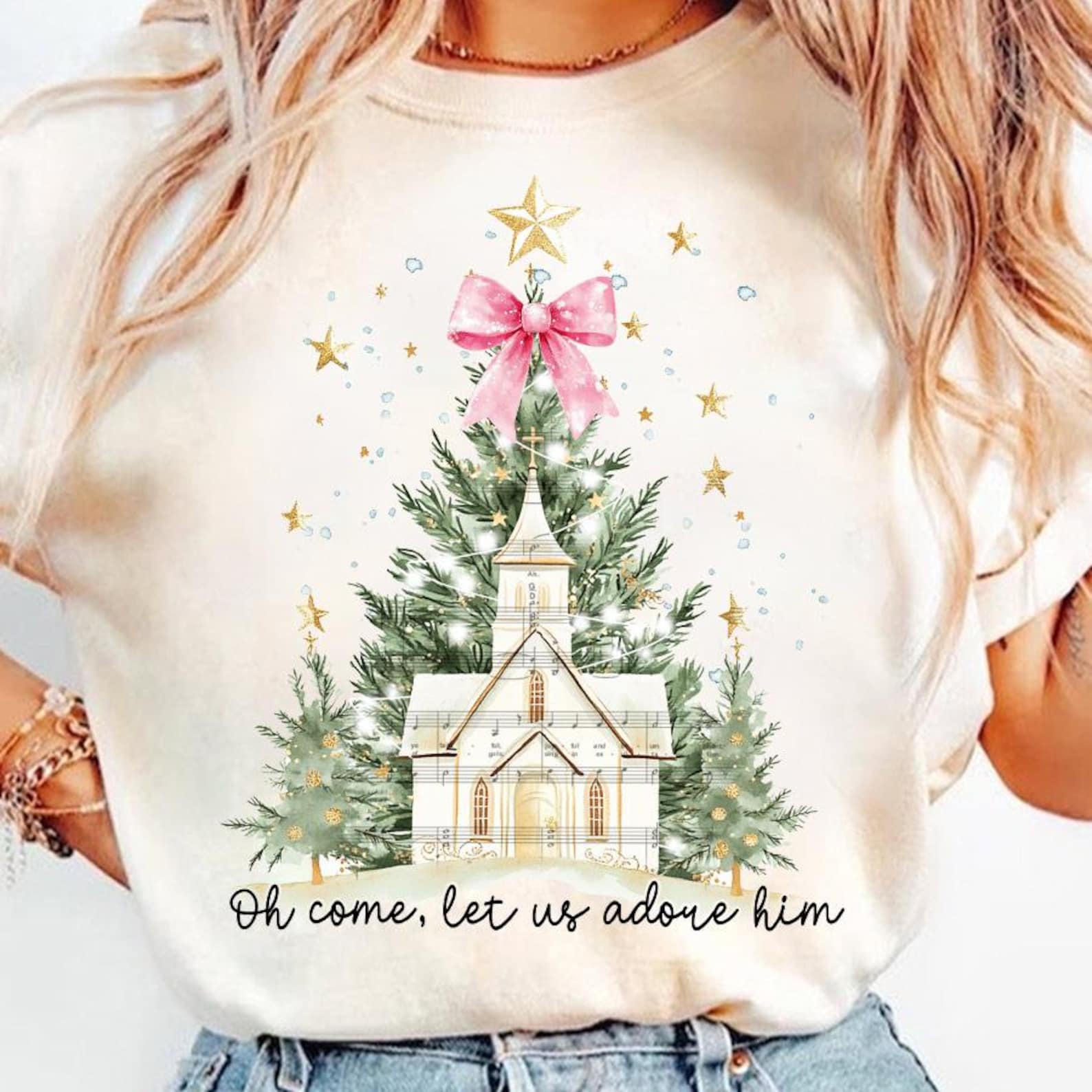 OH COME LET US ADORE HIM screenprint transfer mockup
