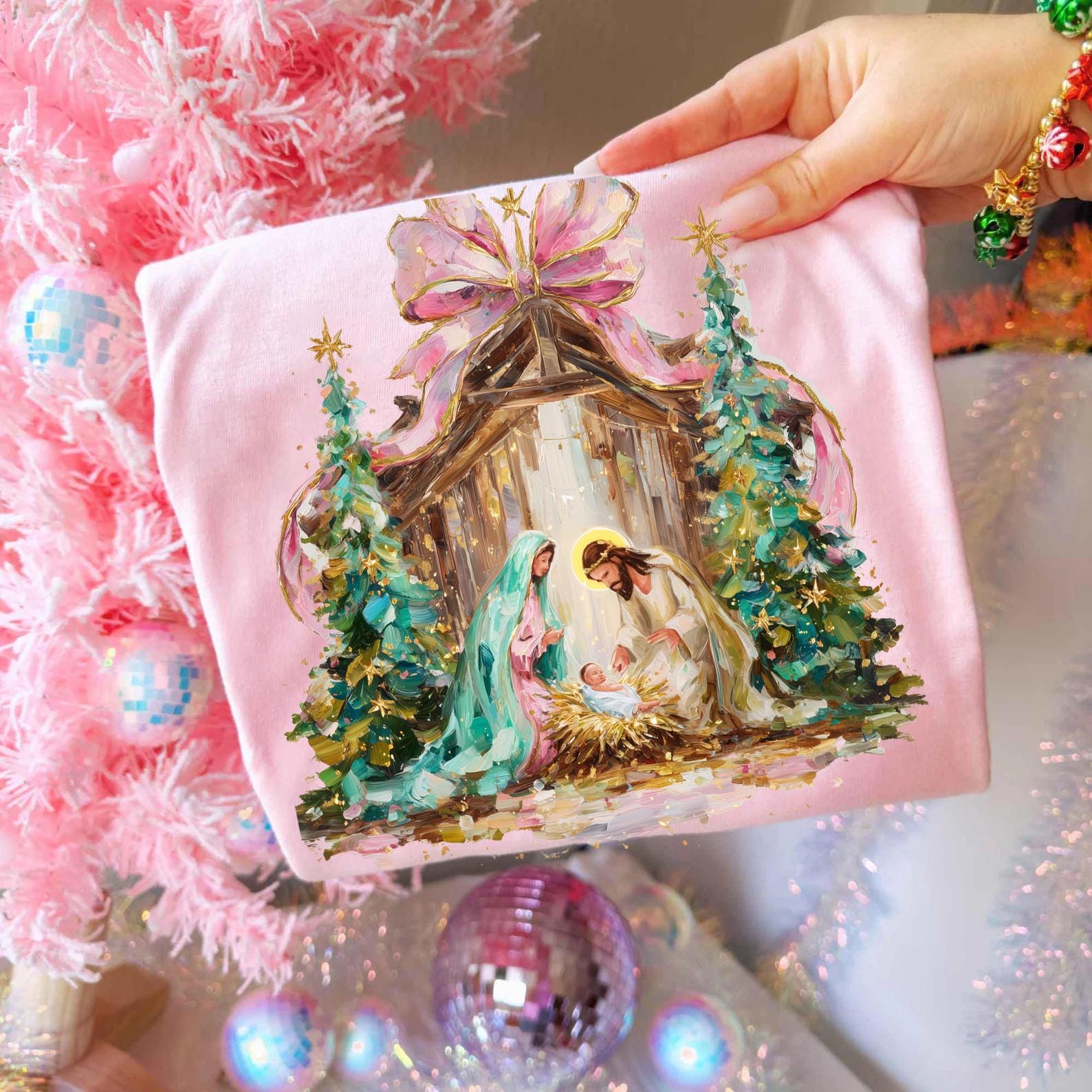 PINK BOW NATIVITY screenprint transfer mockup