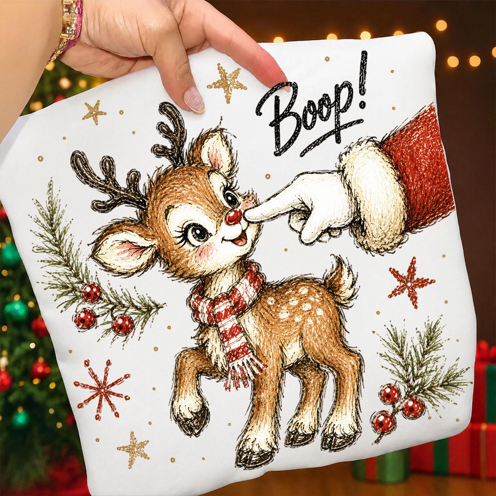 Christmas reindeer with Santa booping its red nose